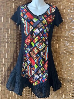 Aventures des Toiles Wearable Art Dress Small Abstract Mosaic Mesh Ruffle Hem